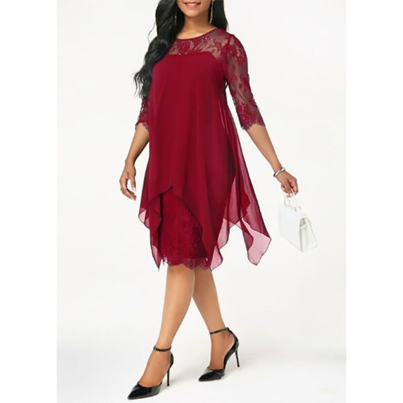 Knee Length Burgundy Lace Dress with Chiffon overlay XL - Picture 1 of 9